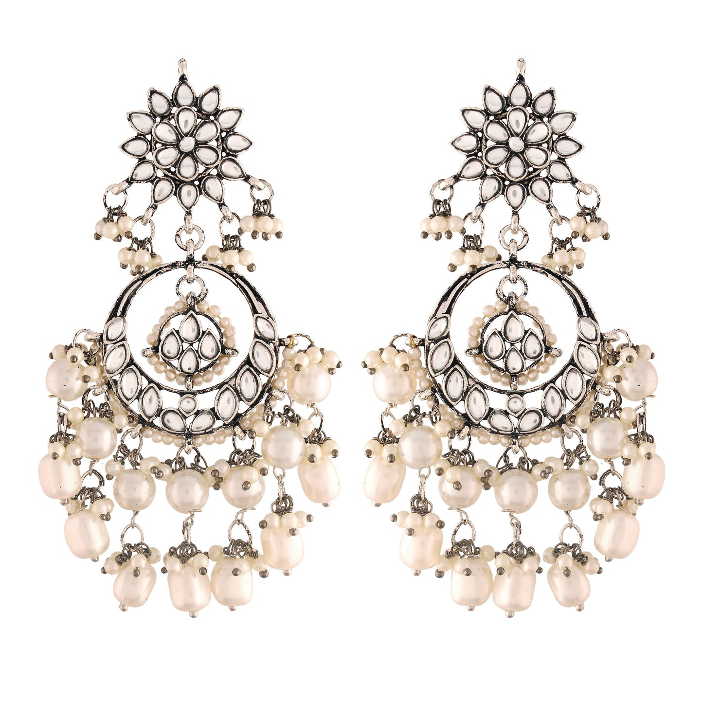 Gold-Polished Silver Oxidised Traditional Handcrafted Pearl Kundan Beaded Chandbali Earrings for Women/Girls - Wahe Jewels - Swadesiicart
