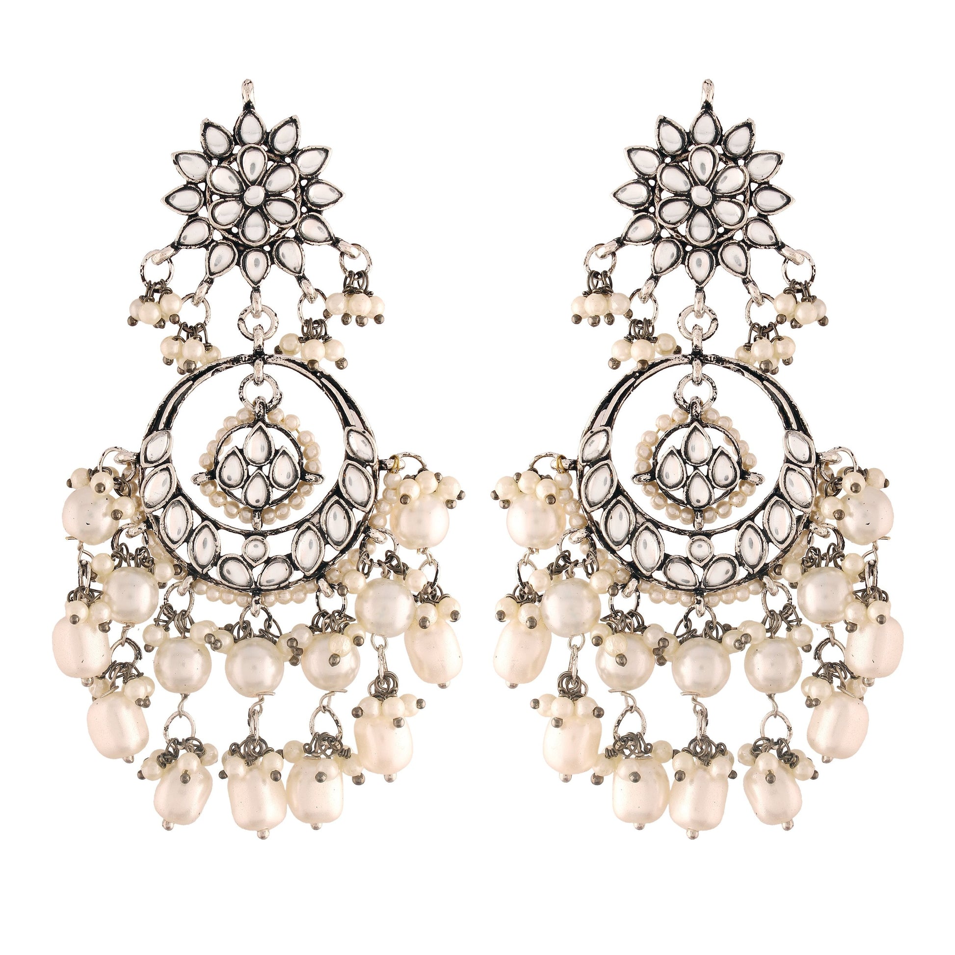 Gold-Polished Silver Oxidised Traditional Handcrafted Pearl Kundan Beaded Chandbali Earrings for Women/Girls - Wahe Jewels - Swadesiicart