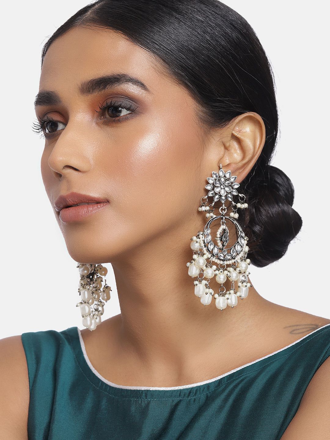 Gold-Polished Silver Oxidised Traditional Handcrafted Pearl Kundan Beaded Chandbali Earrings for Women/Girls - Wahe Jewels - Swadesiicart