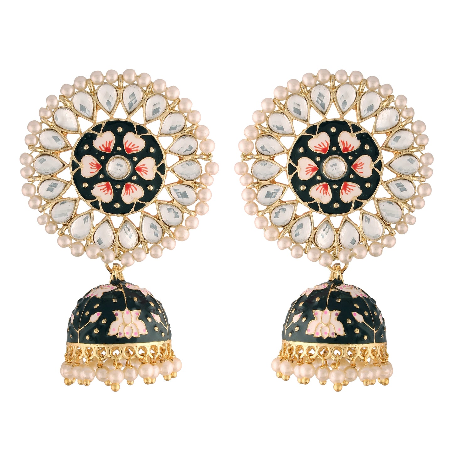 Gold-Polished Traditional Handcrafted Kundan Pearl Studded Meenakari Jhumki Earring for Women - Wahe Jewels - Swadesiicart