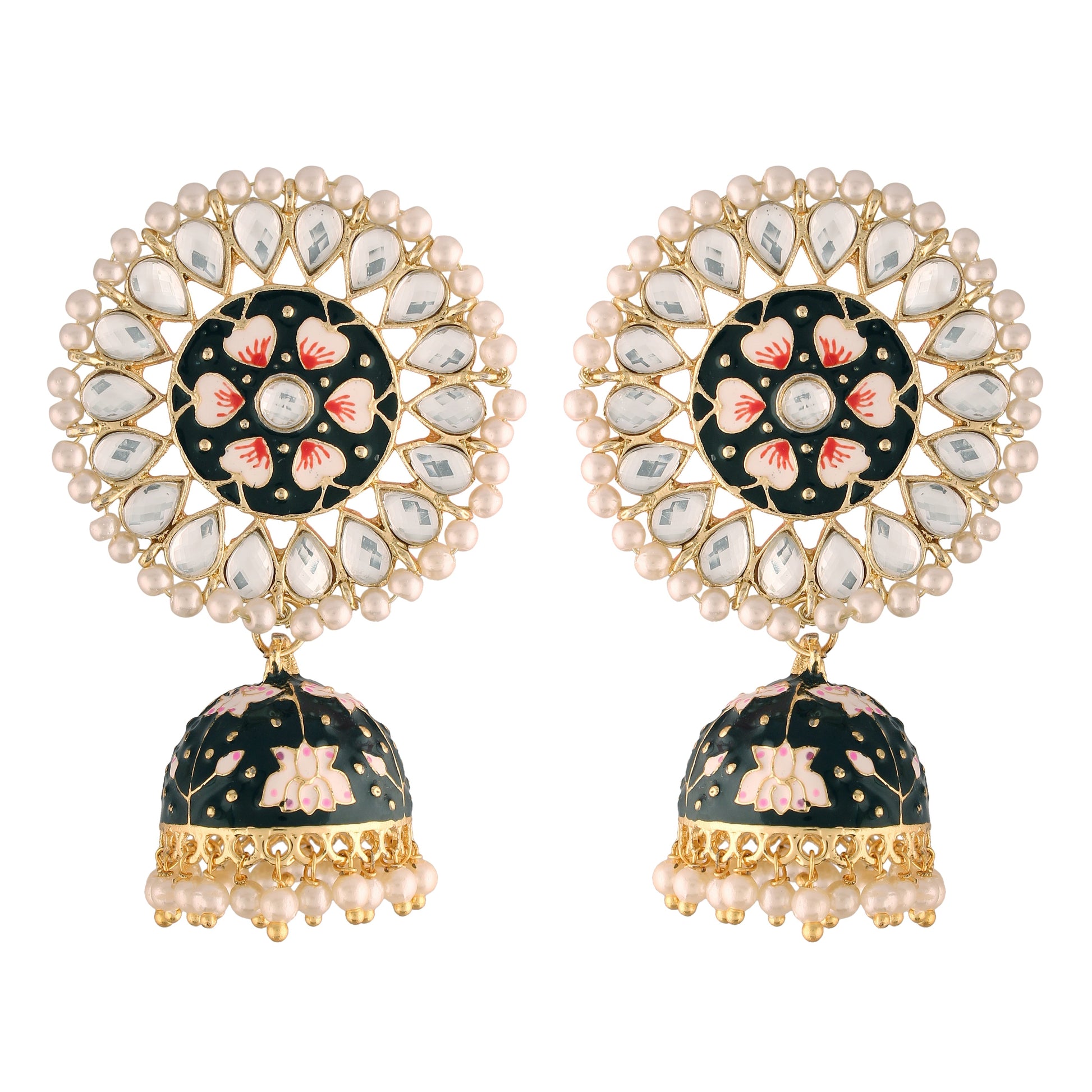 Gold-Polished Traditional Handcrafted Kundan Pearl Studded Meenakari Jhumki Earring for Women - Wahe Jewels - Swadesiicart
