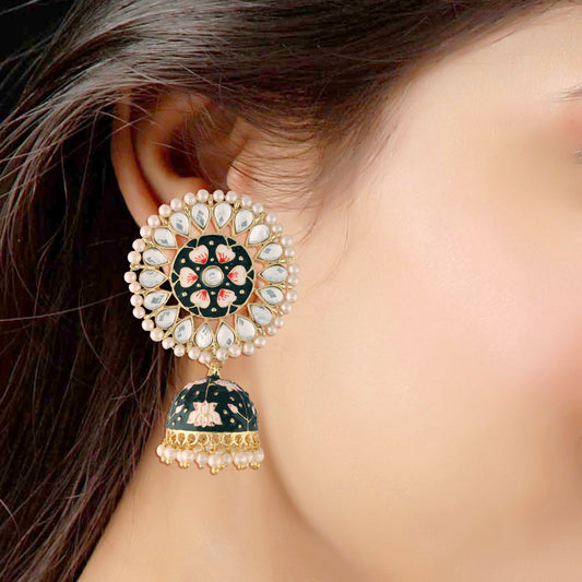 Gold-Polished Traditional Handcrafted Kundan Pearl Studded Meenakari Jhumki Earring for Women - Wahe Jewels - Swadesiicart