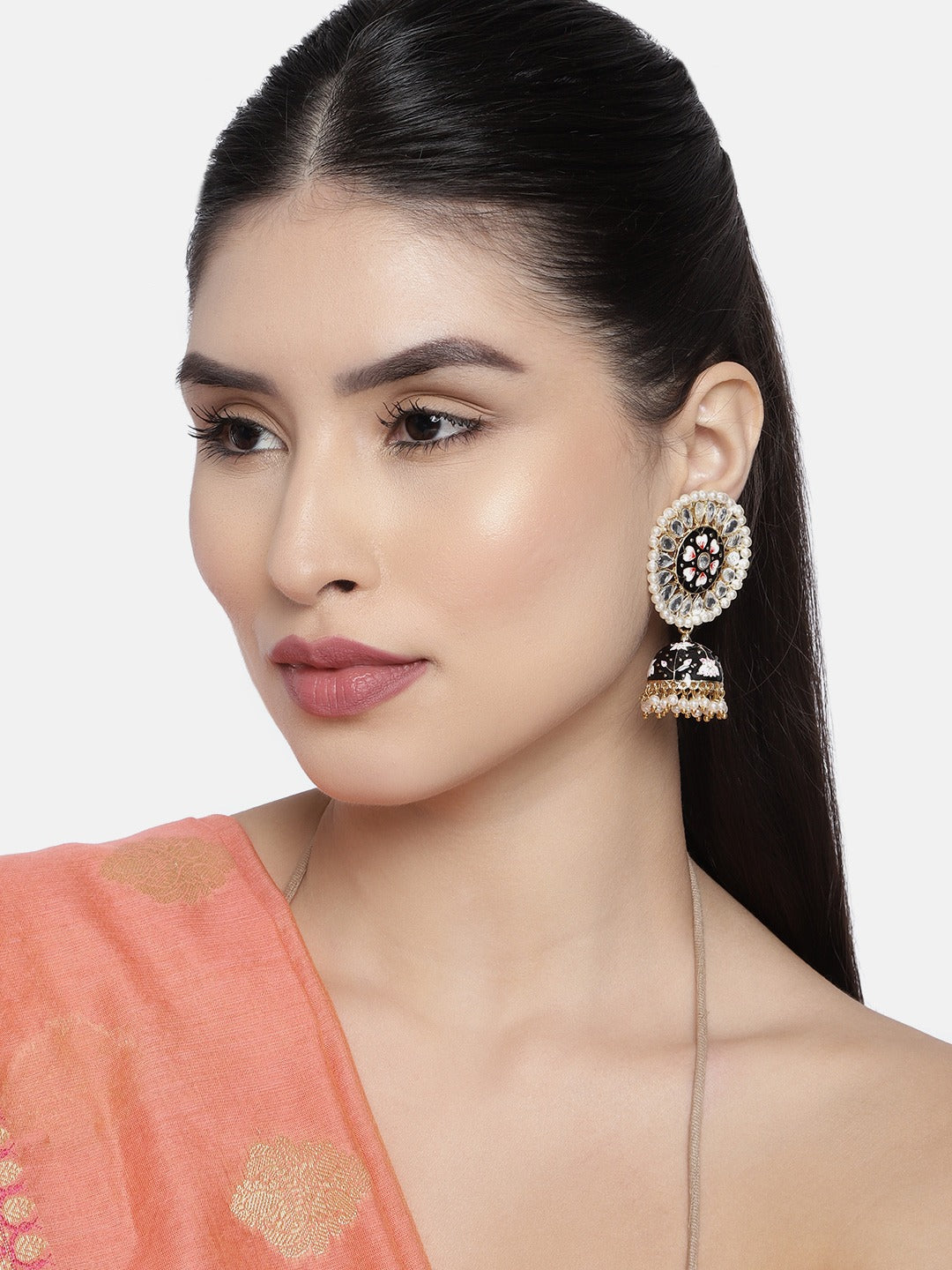 Gold-Polished Traditional Handcrafted Kundan Pearl Studded Meenakari Jhumki Earring for Women - Wahe Jewels - Swadesiicart