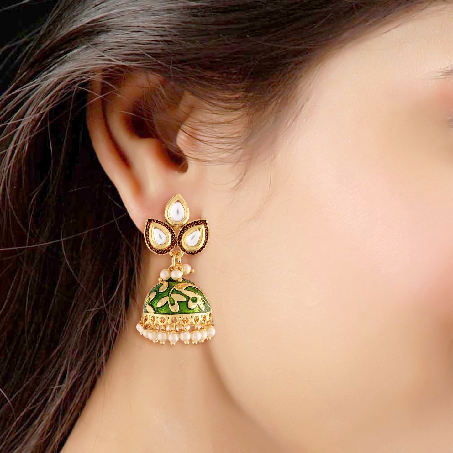 Gold-Polished Meena Work Pearl Studded Jhumki Earring For Women - Wahe Jewels - Swadesiicart