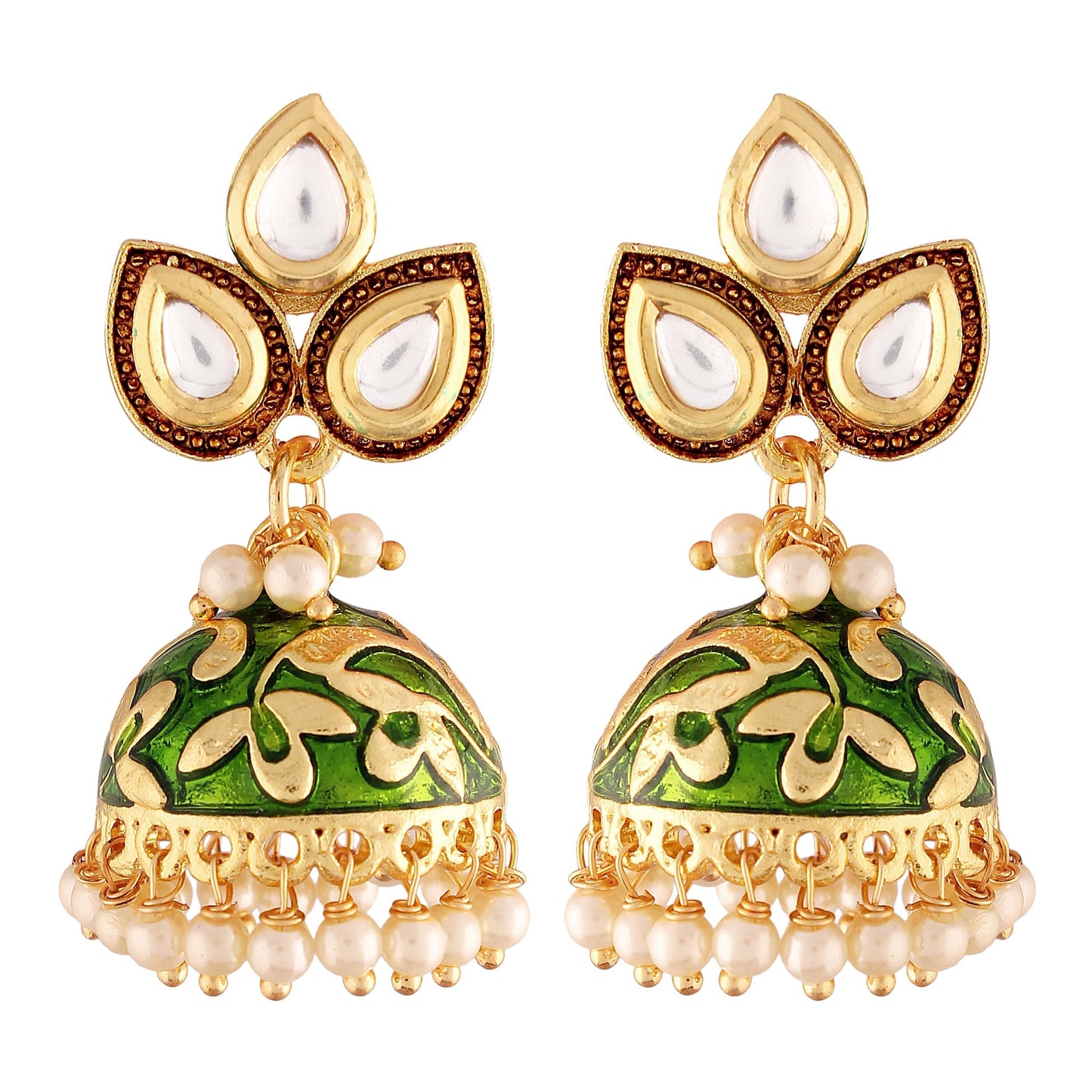 Gold-Polished Meena Work Pearl Studded Jhumki Earring For Women - Wahe Jewels - Swadesiicart