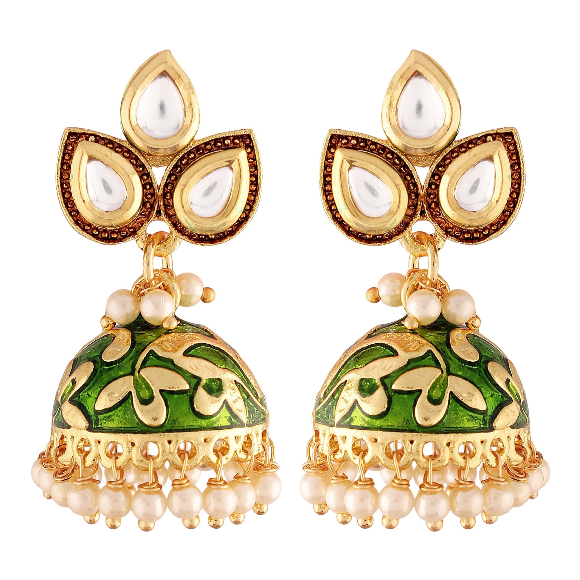 Gold-Polished Meena Work Pearl Studded Jhumki Earring For Women - Wahe Jewels - Swadesiicart