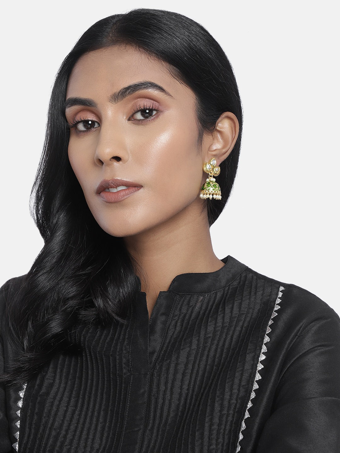 Gold-Polished Meena Work Pearl Studded Jhumki Earring For Women - Wahe Jewels - Swadesiicart