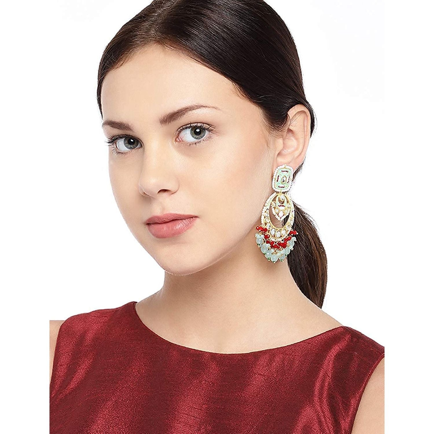 Gold-Polished Traditional Meenakari Stone Studded Pearl Dangle Earrings For Women - Wahe Jewels - Swadesiicart