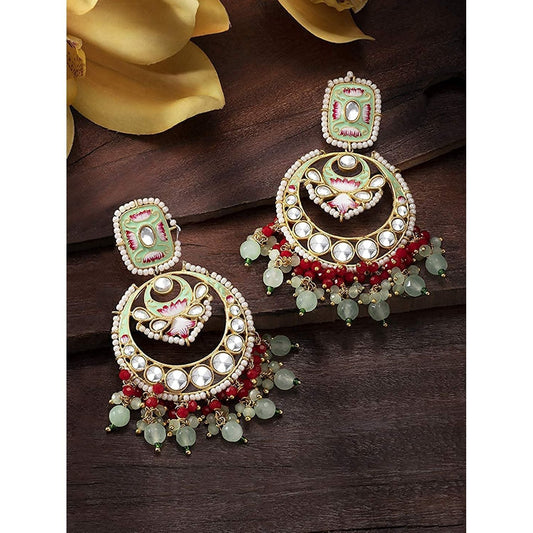 Gold-Polished Traditional Meenakari Stone Studded Pearl Dangle Earrings For Women - Wahe Jewels - Swadesiicart