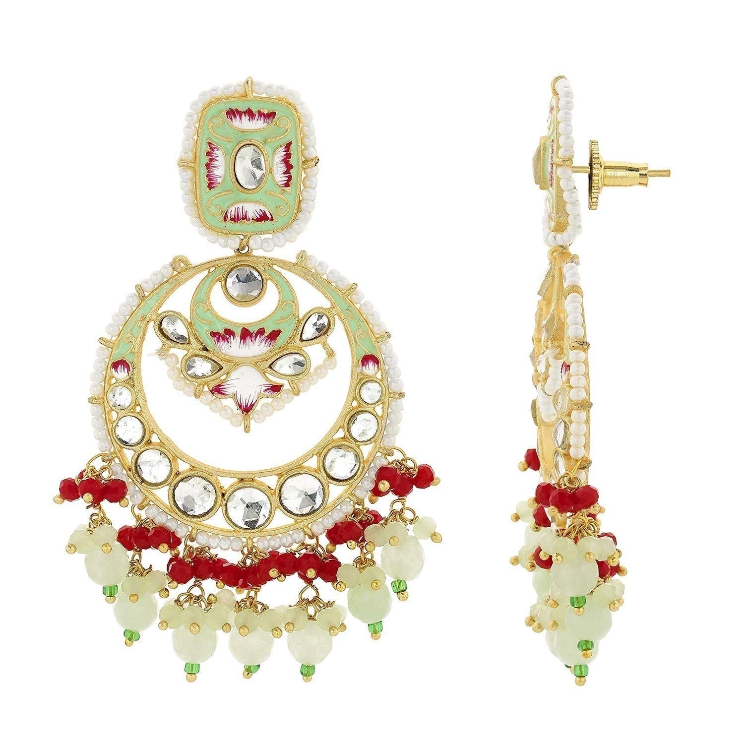 Gold-Polished Traditional Meenakari Stone Studded Pearl Dangle Earrings For Women - Wahe Jewels - Swadesiicart