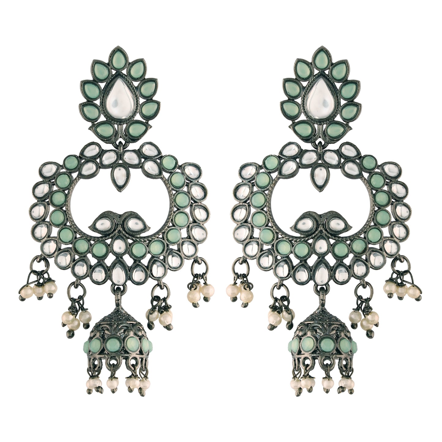 Ethnic Silver Oxidised Traditional Kundan & Stone Jhumka Earrings For Women - Wahe Jewels - Swadesiicart