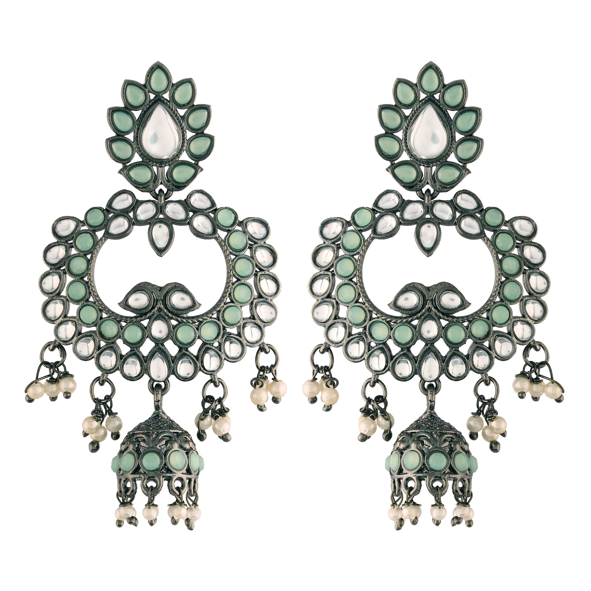 Ethnic Silver Oxidised Traditional Kundan & Stone Jhumka Earrings For Women - Wahe Jewels - Swadesiicart