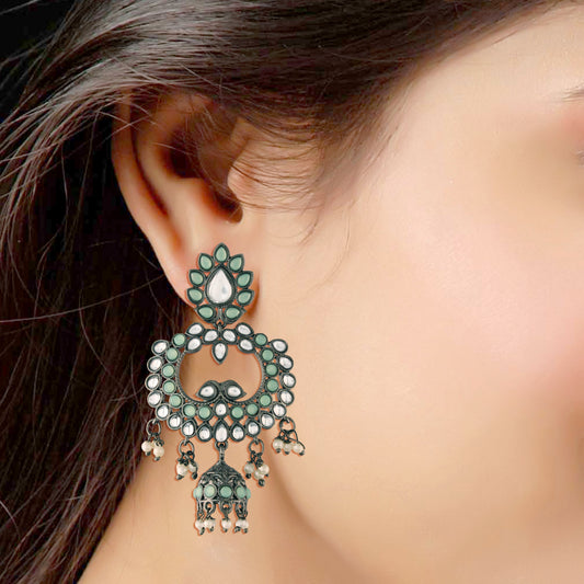 Ethnic Silver Oxidised Traditional Kundan & Stone Jhumka Earrings For Women - Wahe Jewels - Swadesiicart