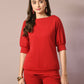 Myshka Women's Red Solid Boat Neck Party Top With Trousers Co-ord set - Swadesiicart