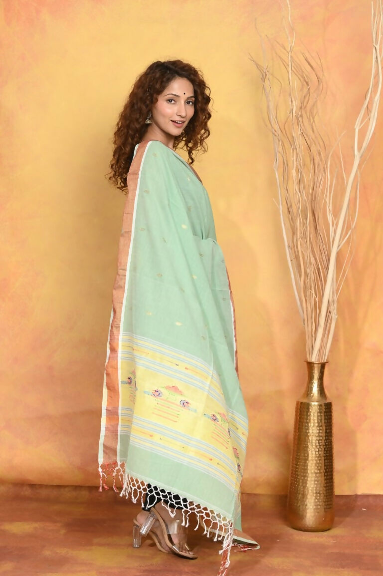Very Much Indian Handloom Pure Cotton Paithani Dupatta - Sea Green | Swadesiicart