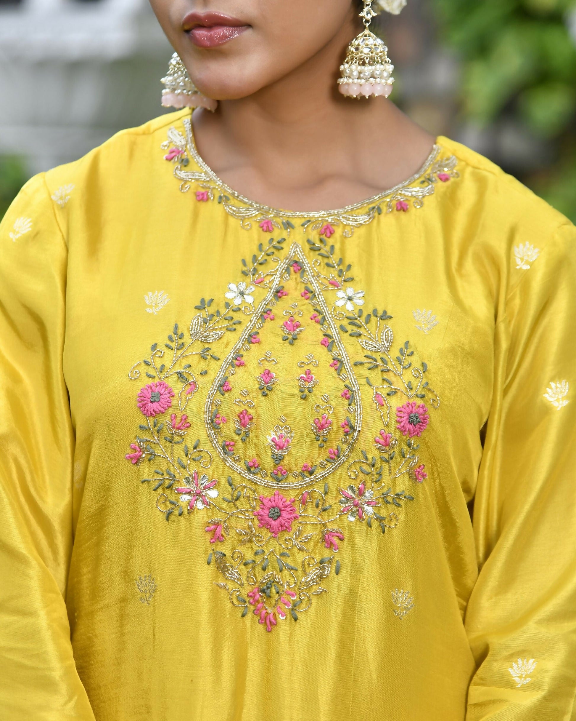 Vaasva Women's Silk Mustard Emboidered Solid Kurta, Sharara & Dupatta Set | Swadesiicart