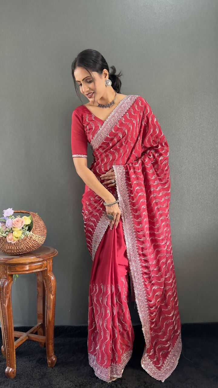 Vastranavya Pink Chinnon Silk Embroidery Multi Sequence & Arco Cut Work Ready to Wear Saree | Swadesiicart