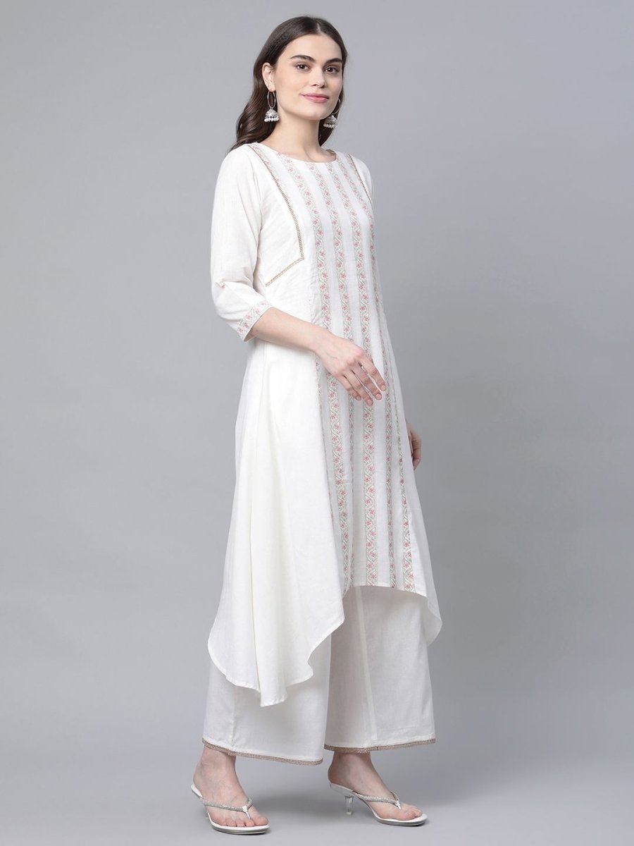 Ahalyaa Women's Off white Pure Cotton Printed Asymmetric Kurta Palazzo Set | Swadesiicart