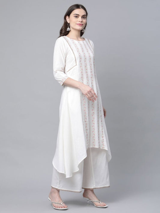 Ahalyaa Women's Off white Pure Cotton Printed Asymmetric Kurta Palazzo Set | Swadesiicart