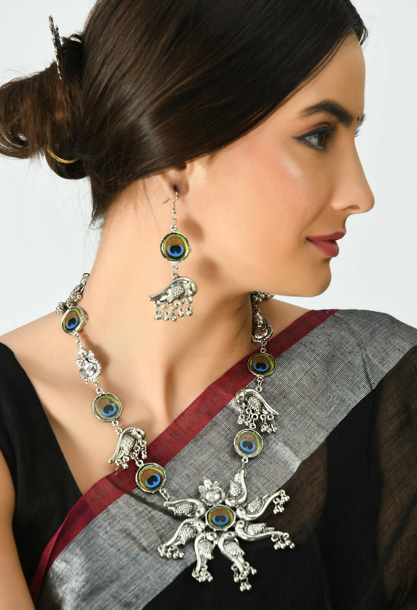 Mominos Fashion Johar Kamal Oxidised Silver-Plated Brass Finish Peacock Design Long Necklace Set For Women - Swadesiicart
