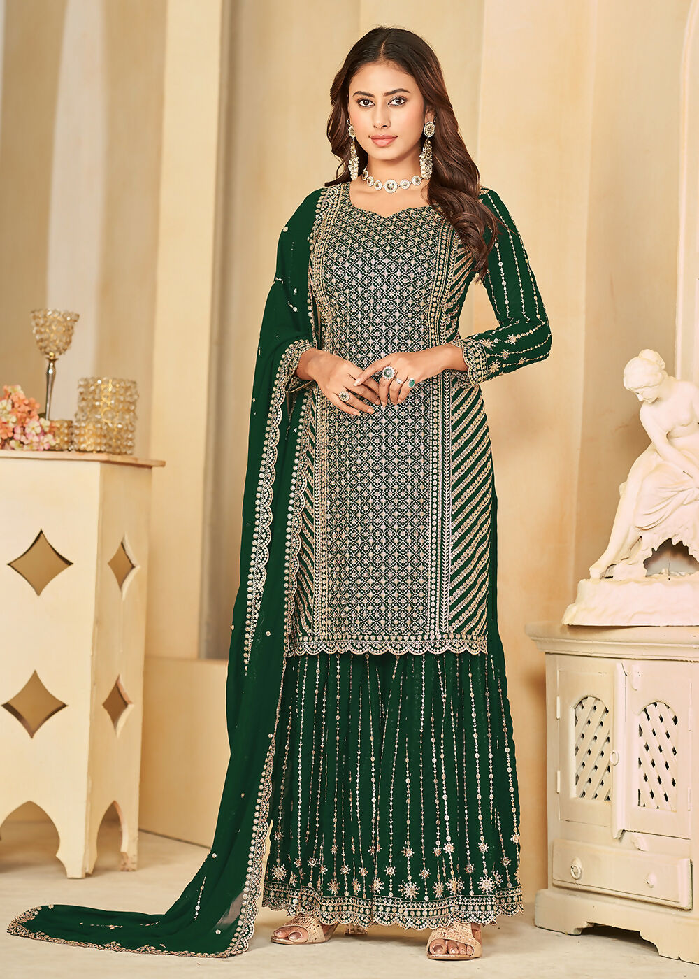 Mesmeric Green Faux Georgette Palazzo Suit with Embroidery - Emponline | Swadesiicart