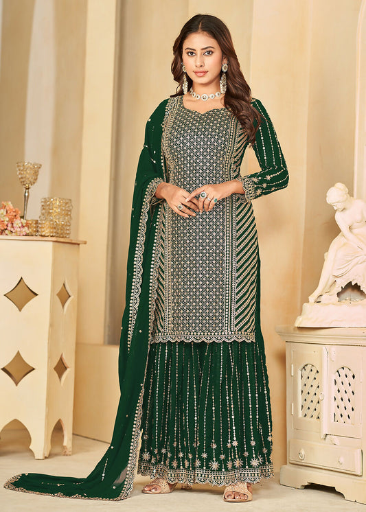 Mesmeric Green Faux Georgette Palazzo Suit with Embroidery - Emponline | Swadesiicart
