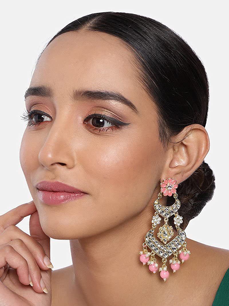 Gold-Polished Alloy with Pearl Love Drop Earring for Women, Pink - Wahe Jewels - Swadesiicart