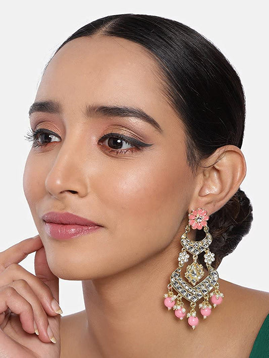Gold-Polished Alloy with Pearl Love Drop Earring for Women, Pink - Wahe Jewels - Swadesiicart