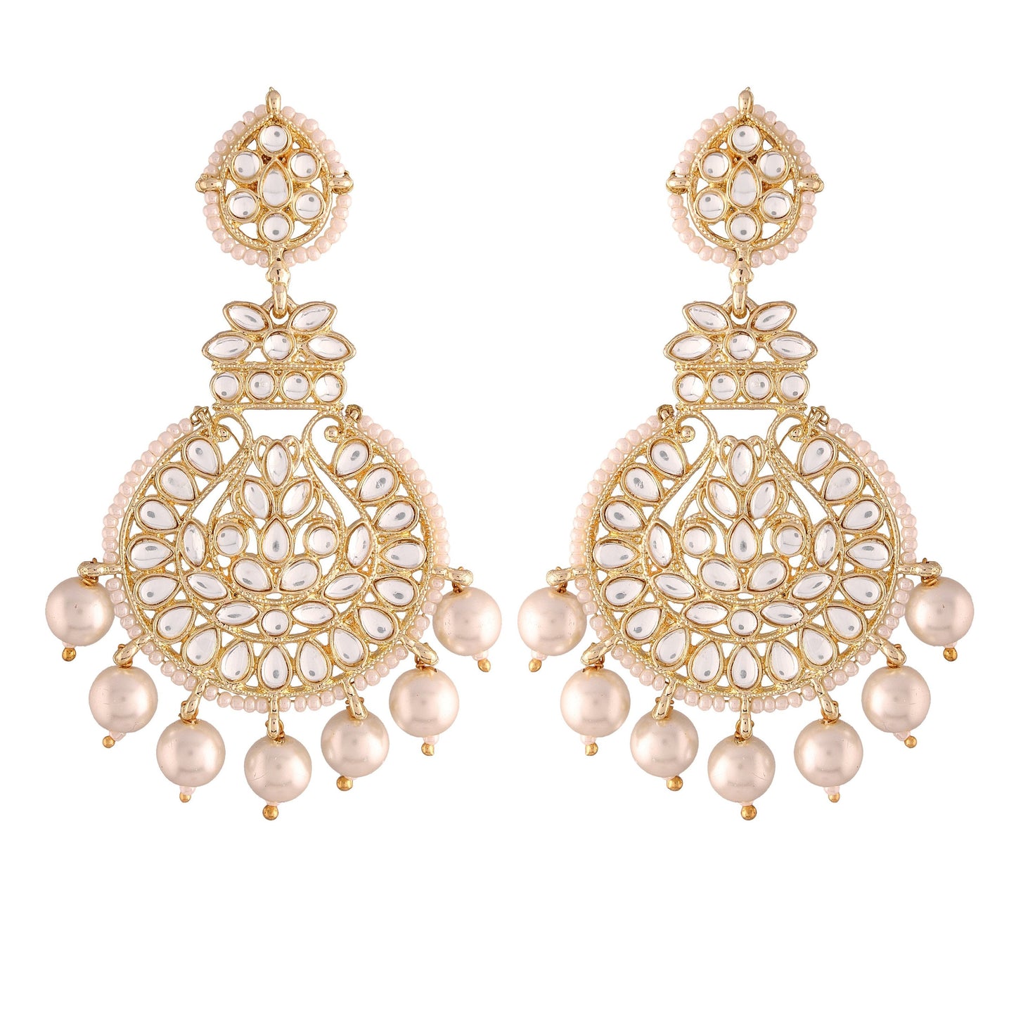 Gold-Polished Traditional Beaded Chandbali Earrings Glided with Kundans and Pearls For Women/Girls - Wahe Jewels - Swadesiicart