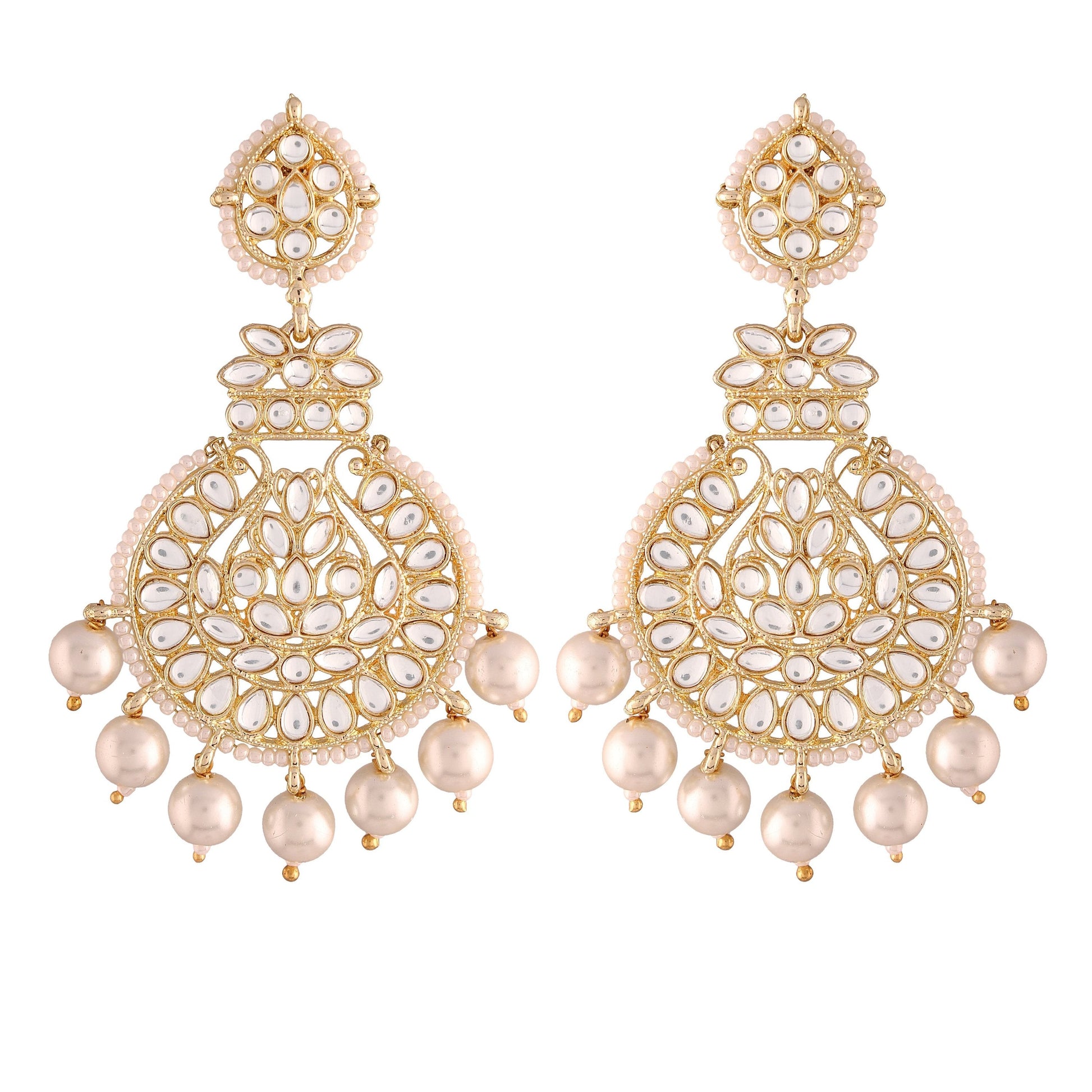 Gold-Polished Traditional Beaded Chandbali Earrings Glided with Kundans and Pearls For Women/Girls - Wahe Jewels - Swadesiicart