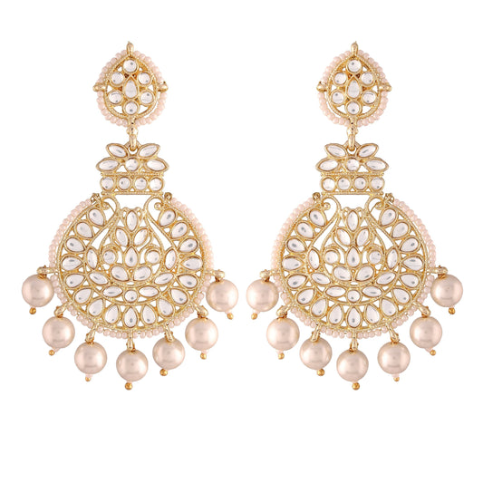 Gold-Polished Traditional Beaded Chandbali Earrings Glided with Kundans and Pearls For Women/Girls - Wahe Jewels - Swadesiicart