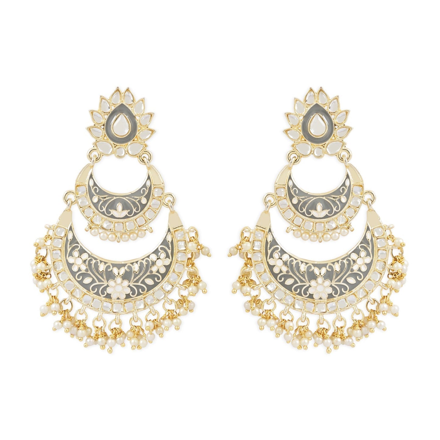 Gold-Polished Intricately Designed Traditional Meenakari Earrings Glided With Kundans & Pearls - Wahe Jewels - Swadesiicart