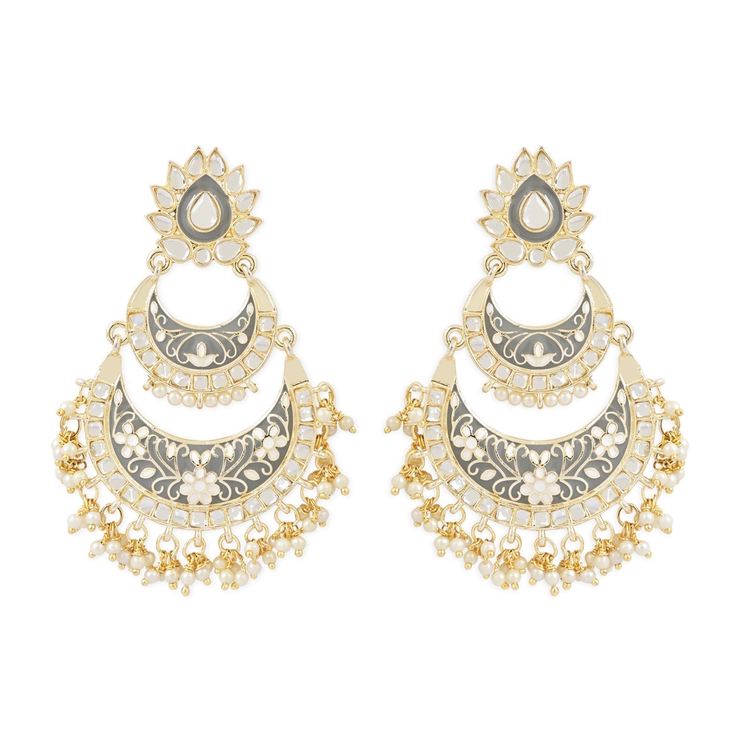 Gold-Polished Intricately Designed Traditional Meenakari Earrings Glided With Kundans & Pearls - Wahe Jewels - Swadesiicart