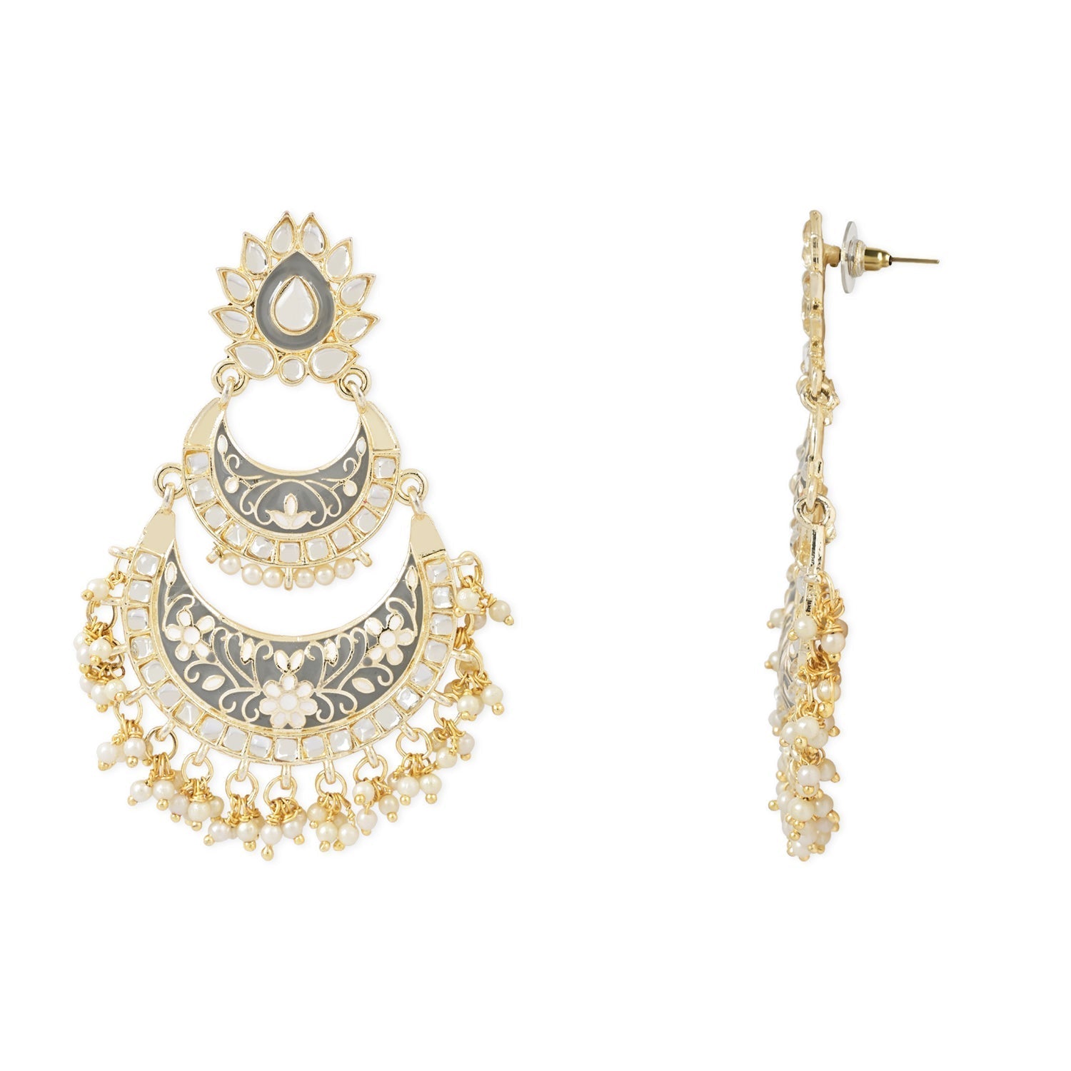 Gold-Polished Intricately Designed Traditional Meenakari Earrings Glided With Kundans & Pearls - Wahe Jewels - Swadesiicart