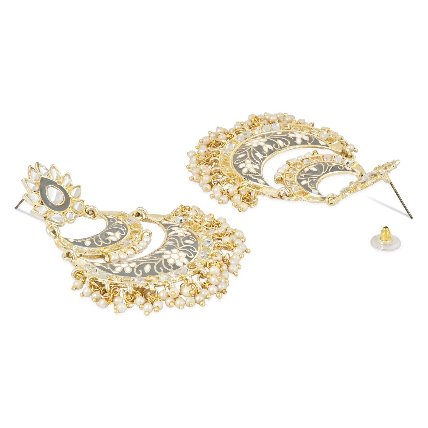 Gold-Polished Intricately Designed Traditional Meenakari Earrings Glided With Kundans & Pearls - Wahe Jewels - Swadesiicart