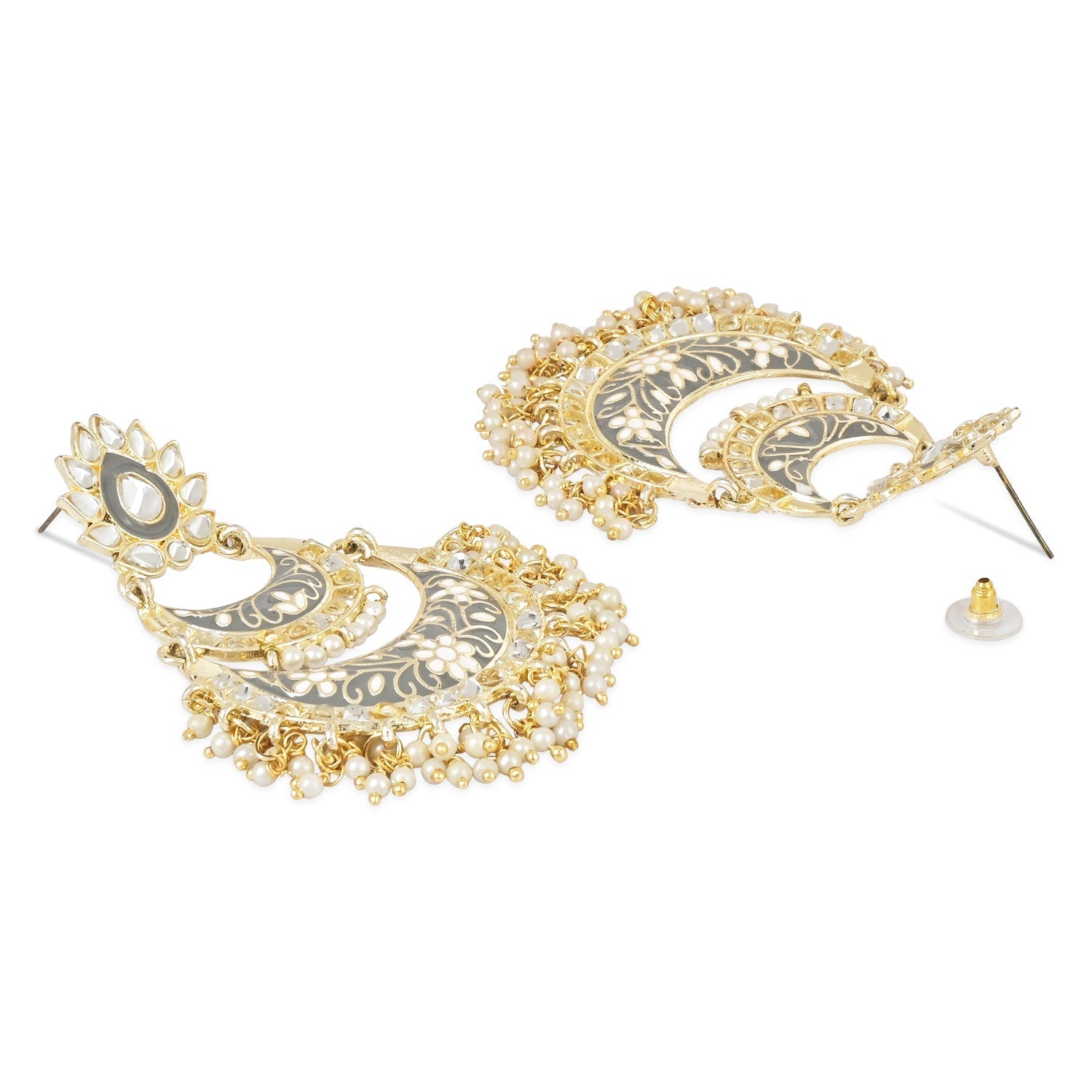 Gold-Polished Intricately Designed Traditional Meenakari Earrings Glided With Kundans & Pearls - Wahe Jewels - Swadesiicart