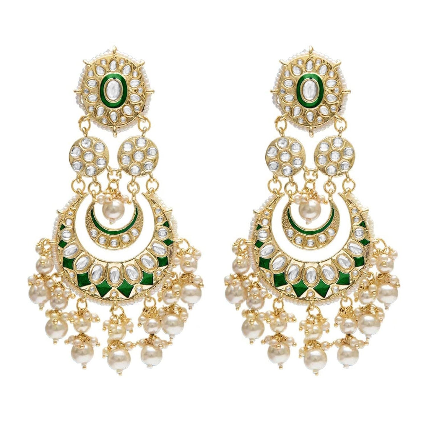 Women Gold-Polished Intricately Designed Traditional Green Meenakari Earrings Glided With Kundans & Pearls - Wahe Jewels - Swadesiicart