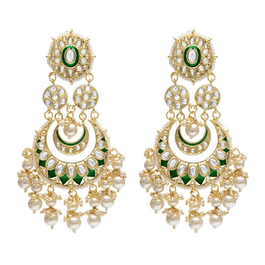 Women Gold-Polished Intricately Designed Traditional Green Meenakari Earrings Glided With Kundans & Pearls - Wahe Jewels - Swadesiicart