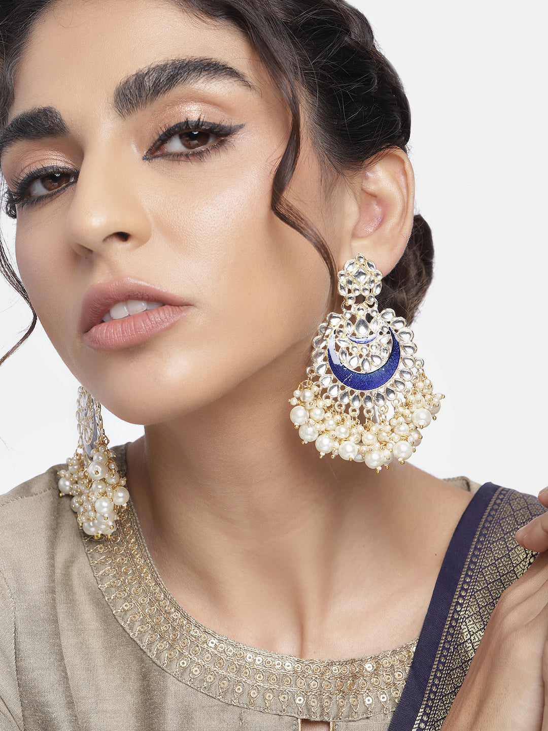 Gold-Polished Intricately Designed Traditional Meenakari Chandbali Earrings Glided With Kundans & Pearls - Wahe Jewels - Swadesiicart