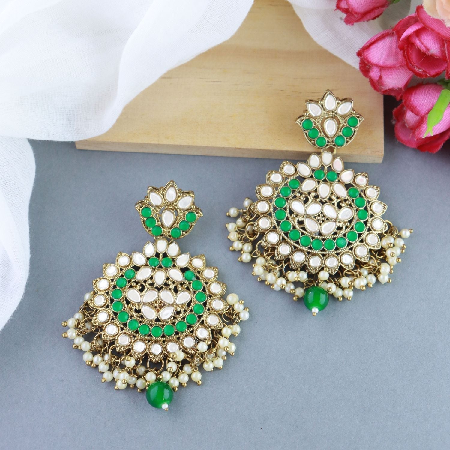 Gold-Polished Traditional Kundan & Stone Studded Chandbali Earrings For Women - Wahe Jewels - Swadesiicart