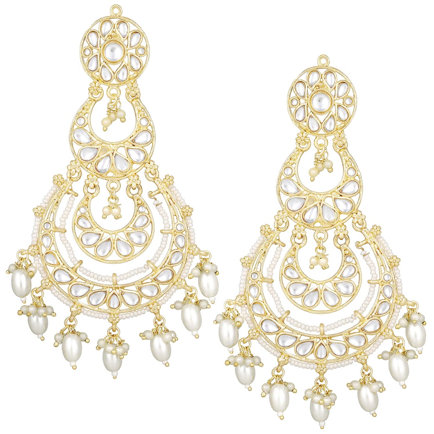 Gold-Polished Traditional White Kundan Studded Pearl Handcrafted Dangle Chandbali Earrings Ethnic Jewellery For Women And Girls - Wahe Jewels - Swadesiicart