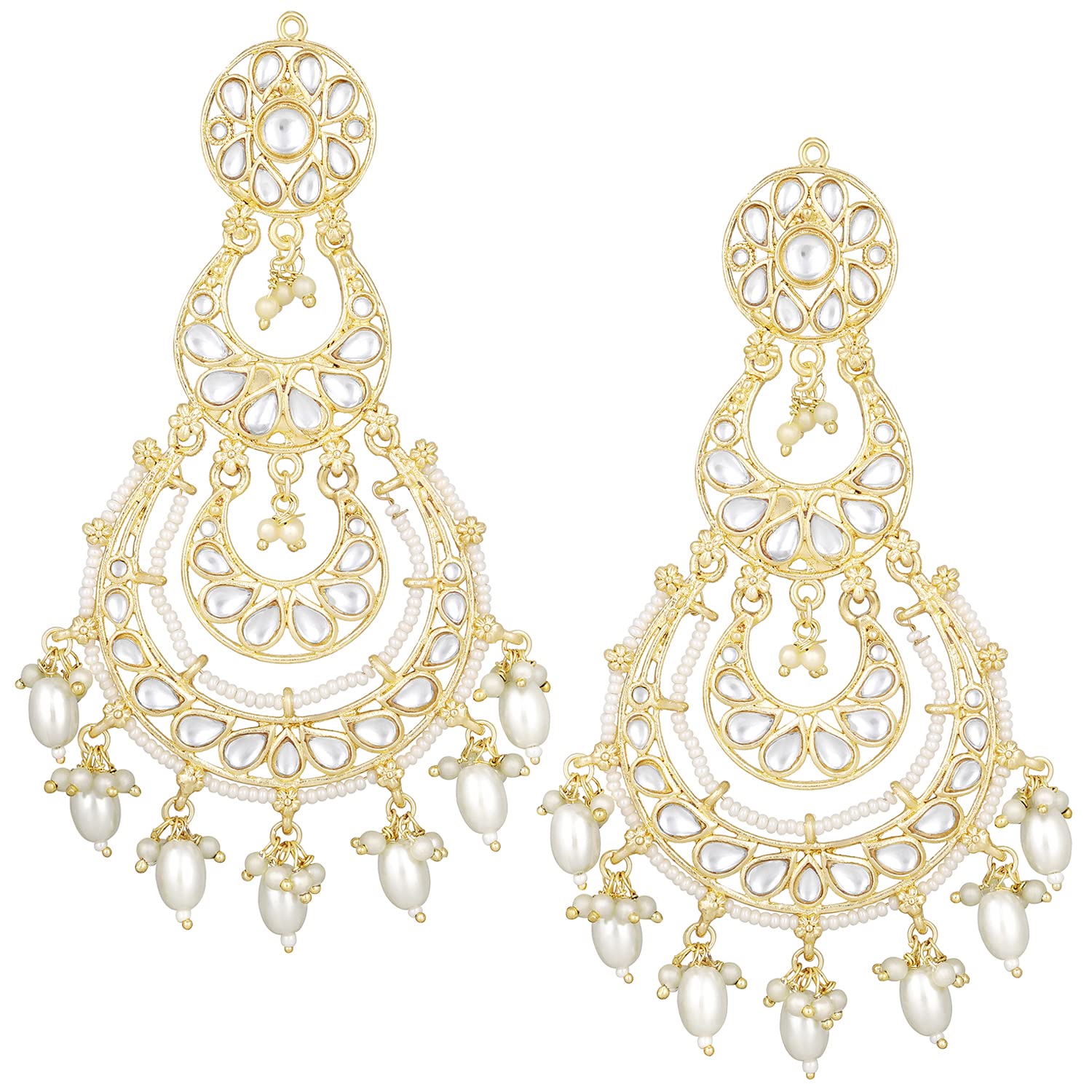 Gold-Polished Traditional White Kundan Studded Pearl Handcrafted Dangle Chandbali Earrings Ethnic Jewellery For Women And Girls - Wahe Jewels - Swadesiicart