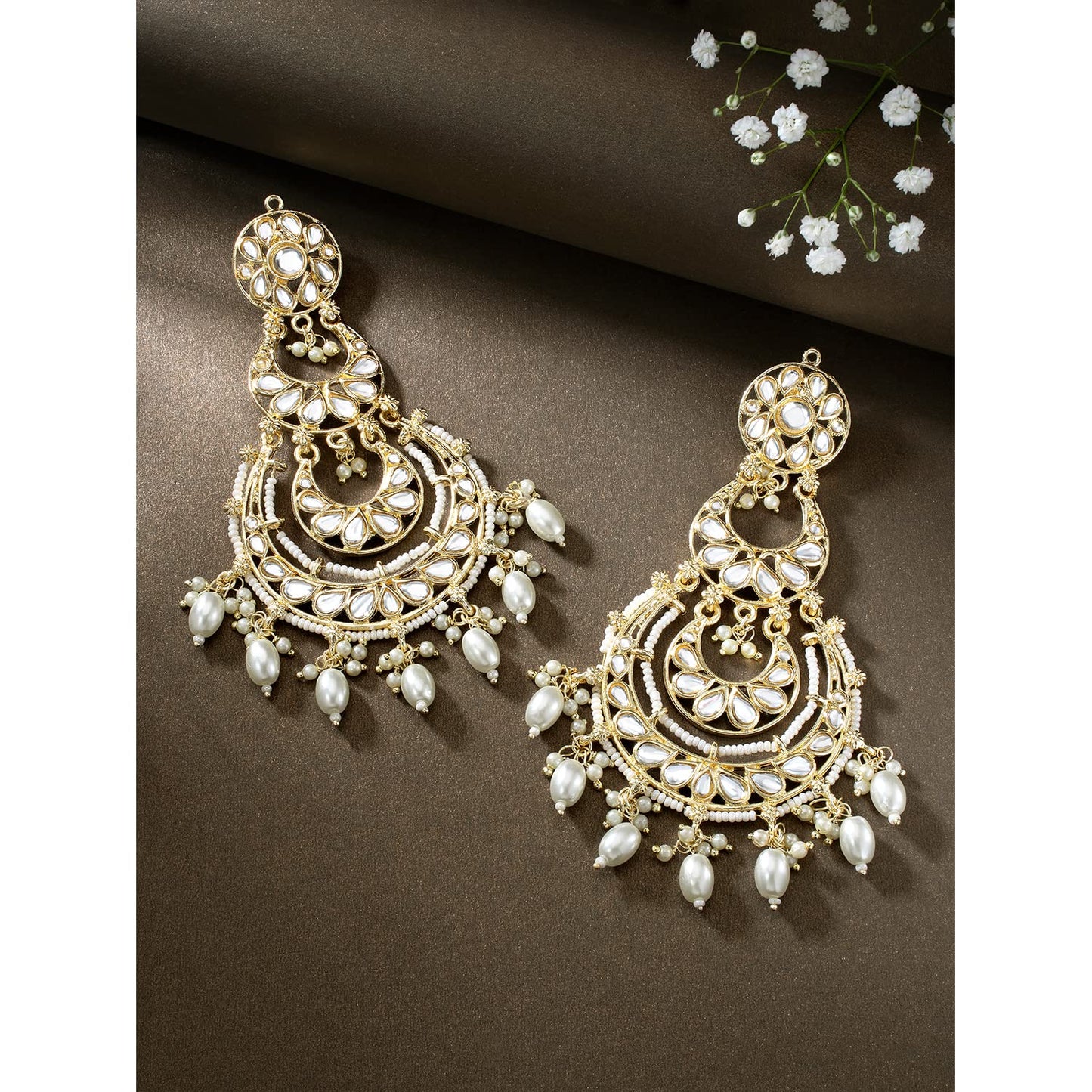 Gold-Polished Traditional White Kundan Studded Pearl Handcrafted Dangle Chandbali Earrings Ethnic Jewellery For Women And Girls - Wahe Jewels - Swadesiicart