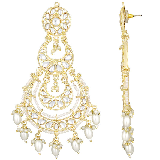 Gold-Polished Traditional White Kundan Studded Pearl Handcrafted Dangle Chandbali Earrings Ethnic Jewellery For Women And Girls - Wahe Jewels - Swadesiicart