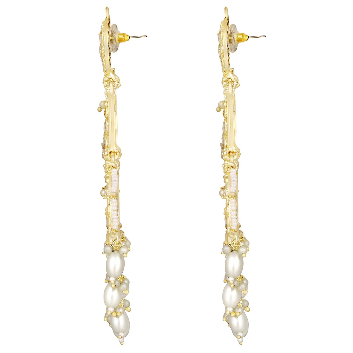 Gold-Polished Traditional White Kundan Studded Pearl Handcrafted Dangle Chandbali Earrings Ethnic Jewellery For Women And Girls - Wahe Jewels - Swadesiicart