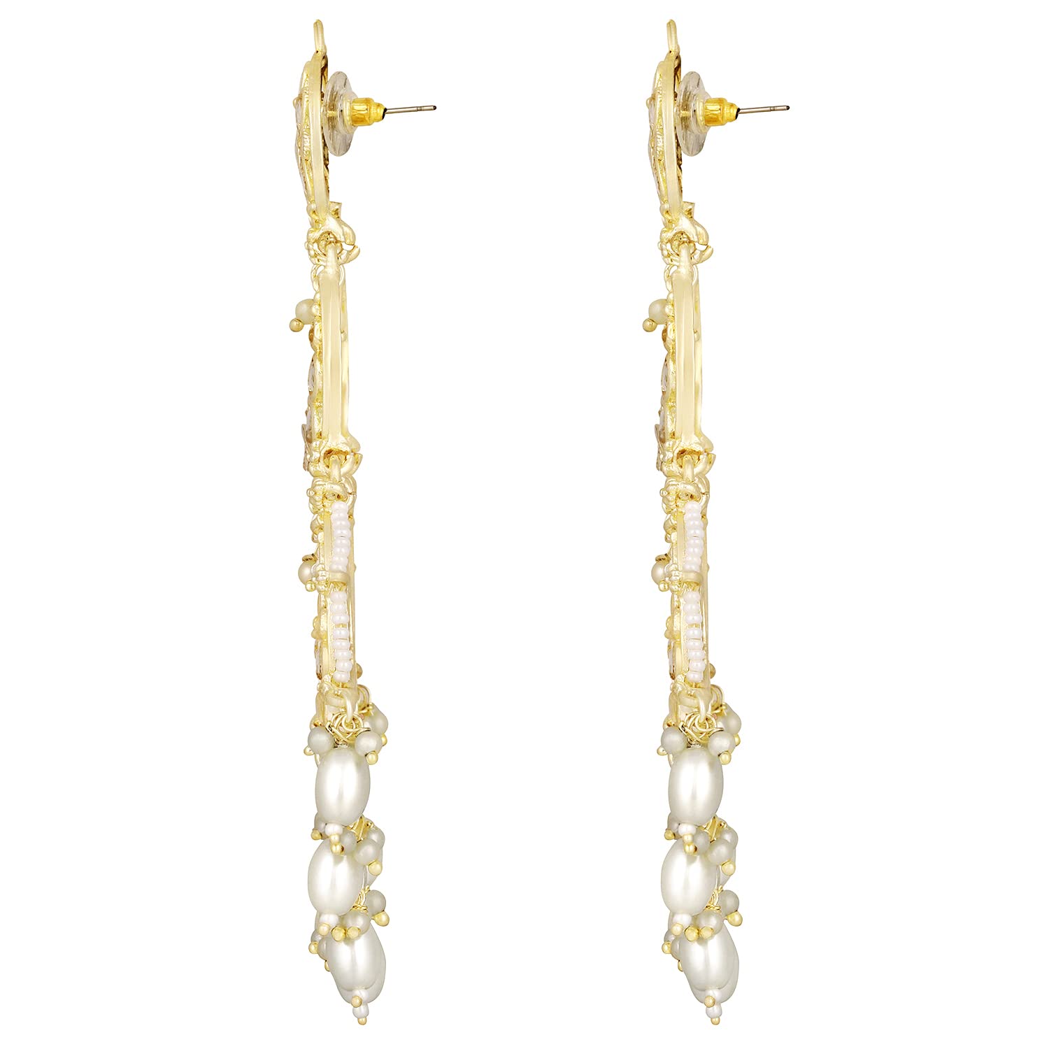 Gold-Polished Traditional White Kundan Studded Pearl Handcrafted Dangle Chandbali Earrings Ethnic Jewellery For Women And Girls - Wahe Jewels - Swadesiicart