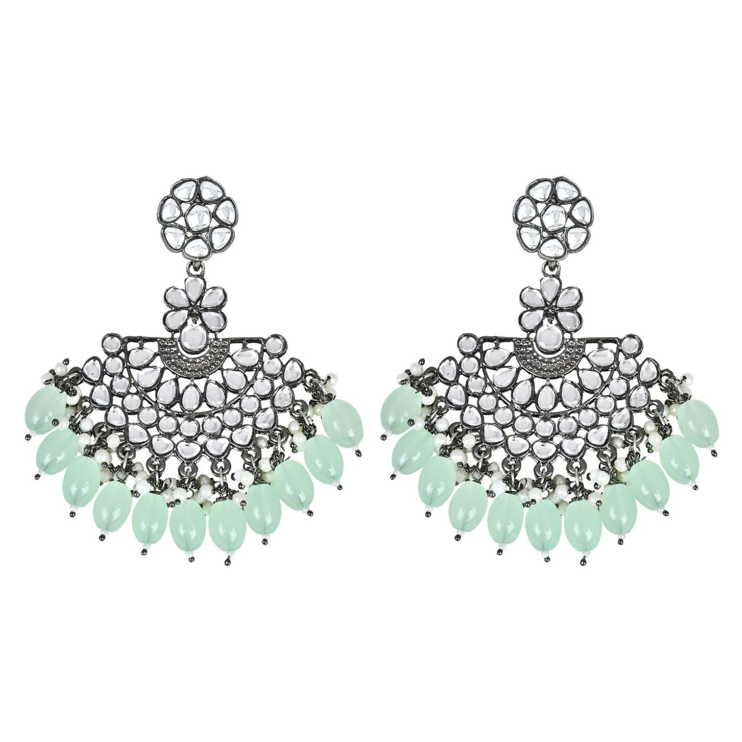Ethnic Stylish Silver Oxidised Kundan Pearl Chandbali Earrings For Women And Girls - Wahe Jewels - Swadesiicart