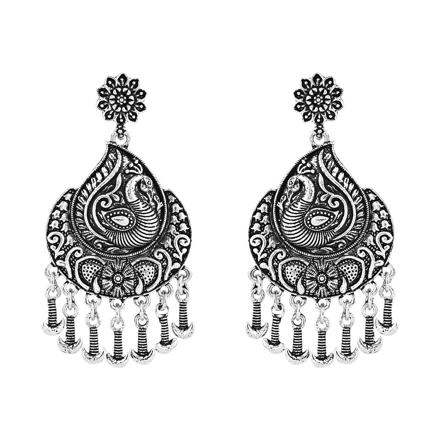 Navratri Ethnic Silver Oxidised Afghani Floral & Peacock Design Drop Earrings For Women & Girls - Wahe Jewels - Swadesiicart