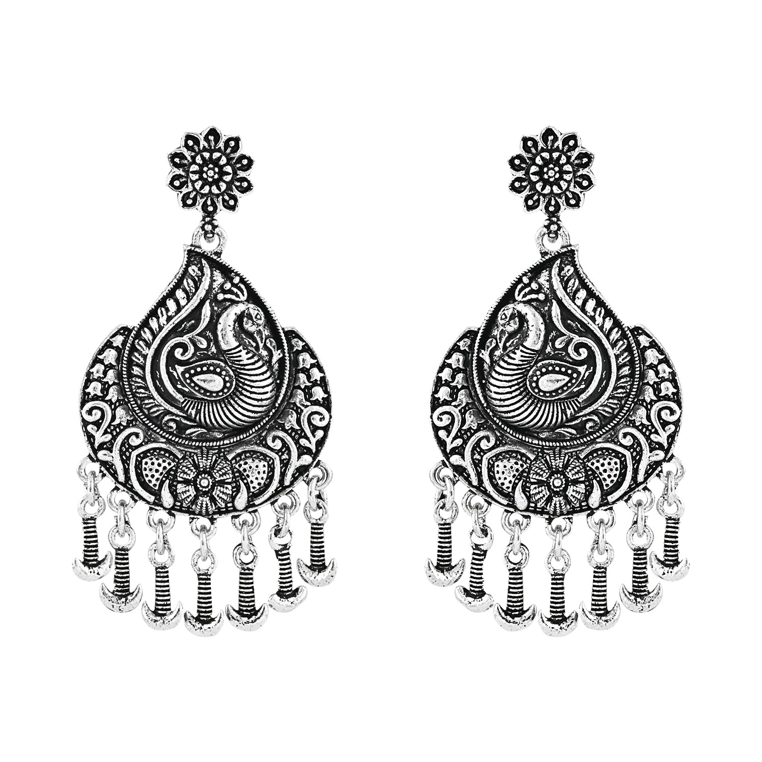 Navratri Ethnic Silver Oxidised Afghani Floral & Peacock Design Drop Earrings For Women & Girls - Wahe Jewels - Swadesiicart