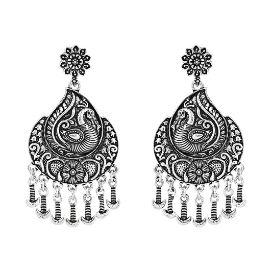 Navratri Ethnic Silver Oxidised Afghani Floral & Peacock Design Drop Earrings For Women & Girls - Wahe Jewels - Swadesiicart